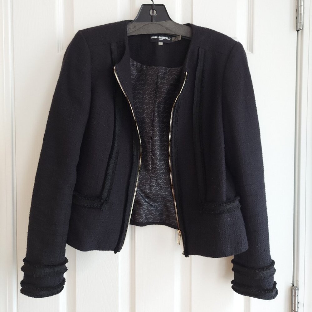 Karl Lagerfeld Paris Tweed Zip Front Blazer Fringe Pockets Black Size 4 Academia